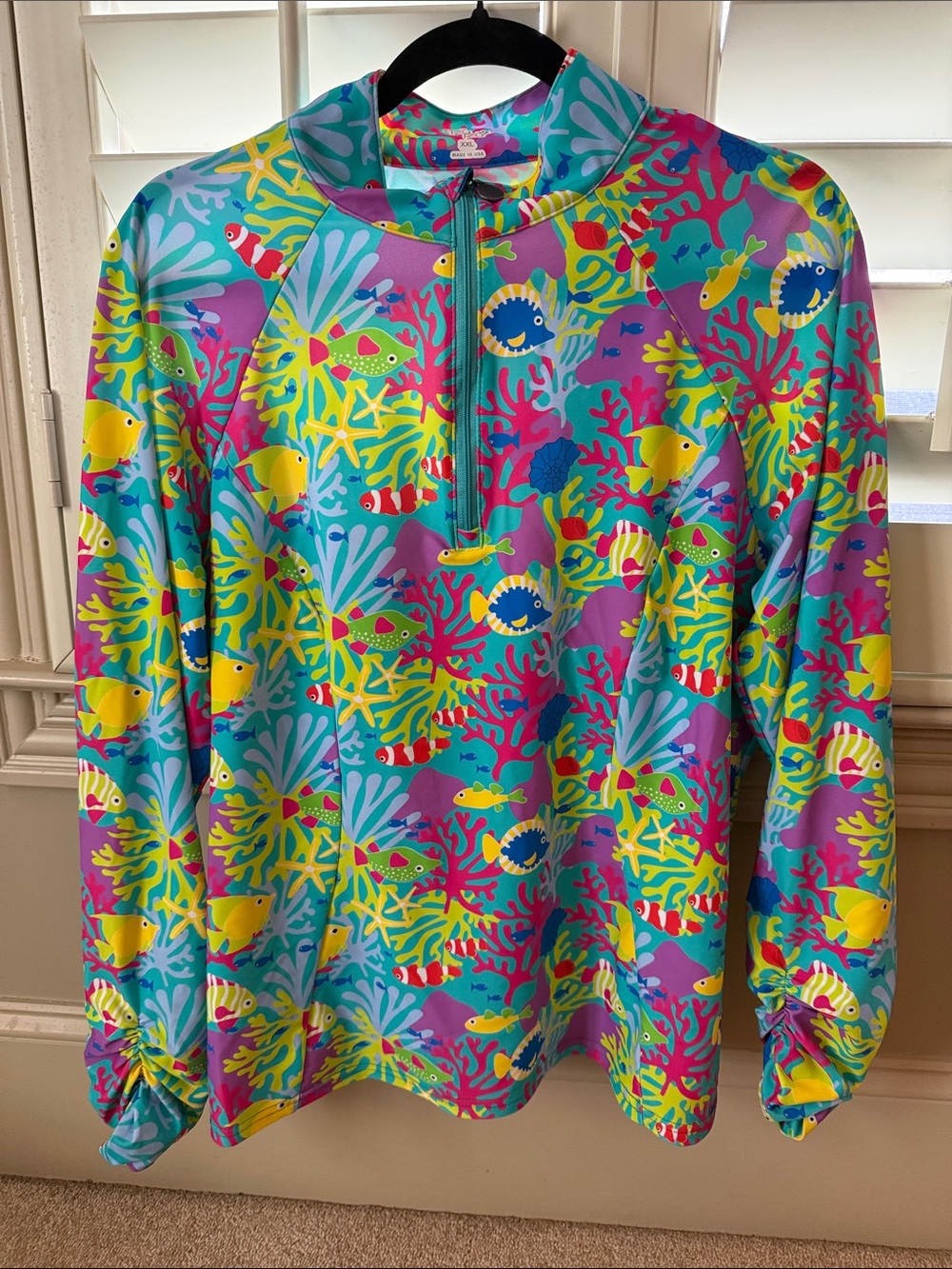 Tzu Tzu Bright Tropical Fish Print Pullover - Teal, Yellow, Pink, Purple
